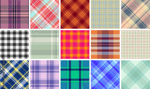 Plaid pattern collection with traditional Scottish checks, ideal for textiles, clothes, and classic shirt fabrics in rustic tones.