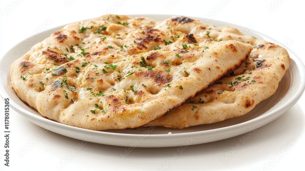 A plate of creamy butter chicken with naan bread on a white isolated background