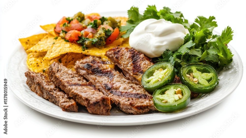 A plate of gourmet nachos with cheese, jalapenos, and sour cream on a white isolated background A plate of gourmet nachos with cheese, jalapenos, and sour cream on a white isolated background