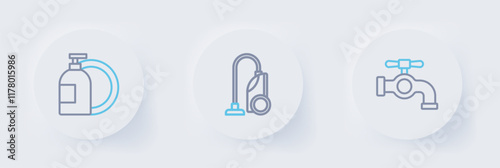 Set line Water tap, Vacuum cleaner and Dishwashing liquid bottle icon. Vector