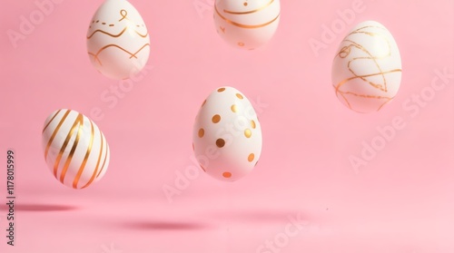 Decorated easter eggs with golden patterns floating on a pastel pink background