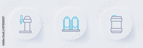Set line Metal beer keg, Beer brewing process and Dispenser icon. Vector