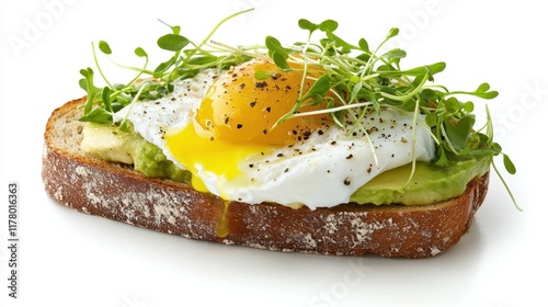 A fresh avocado toast topped with poached egg and microgreens on a white isolated background