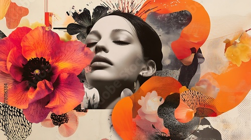 Abstract Portrait with Orange and Black Flowers