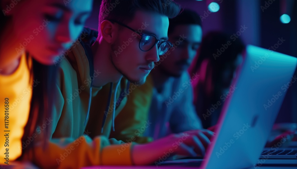 Obraz premium Computer Programmer Team Utilizing Laptops To Process Data Connected To Global Internet Network, Cloud Computing, Data Center Network Server, Cyber Security, And Software Development.