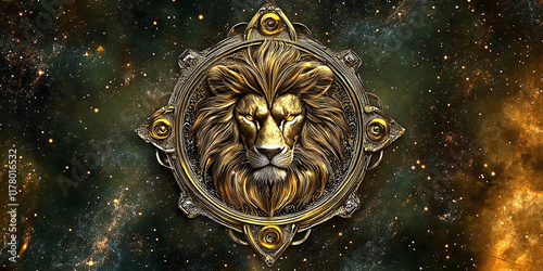 A zodiac lion emblem encircled by elaborate cosmic motifs in shimmering gold and deep blue hues. The celestial composition blends intricate artistry with a twinkling starry backdrop photo