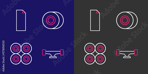 Set line Skateboard wheel, and Grip tape on skateboard icon. Vector