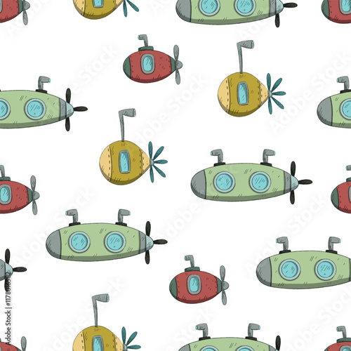 submarine hand drawn seamless pattern. wrapping paper, background, wallpaper, textile print