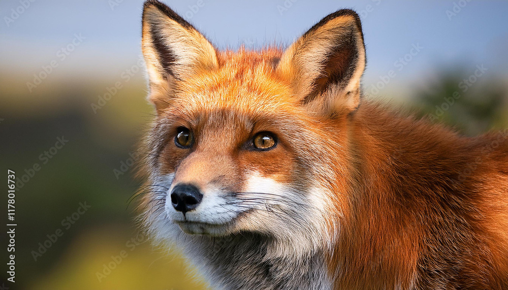 Fototapeta premium a close up of a curious red fox with hanging fur searching alert and attentive towards a gentle neutral historical past in a natural putting