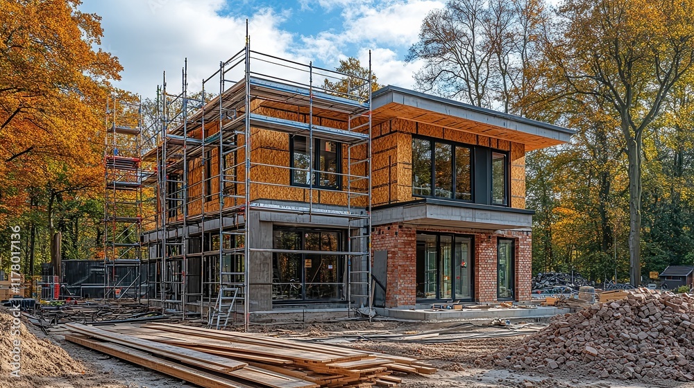 Obraz premium Modern house under construction, surrounded by scaffolding on upper levels, with workers installing wooden panels on the facade, highlighting progress in residential building projects.