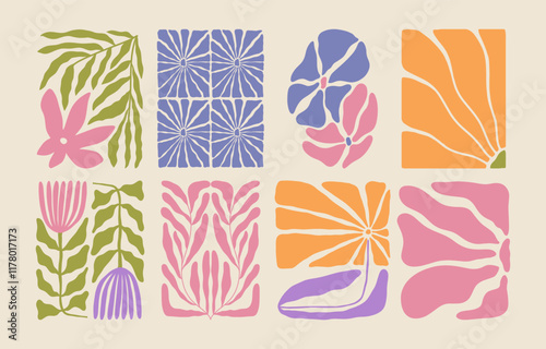 Trendy aesthetic posters with abstract groovy floral shape with flowers and leaves. Simple irregular wild plants. Naive funky prints for wall art, interior decorations. Boho summer illustrations