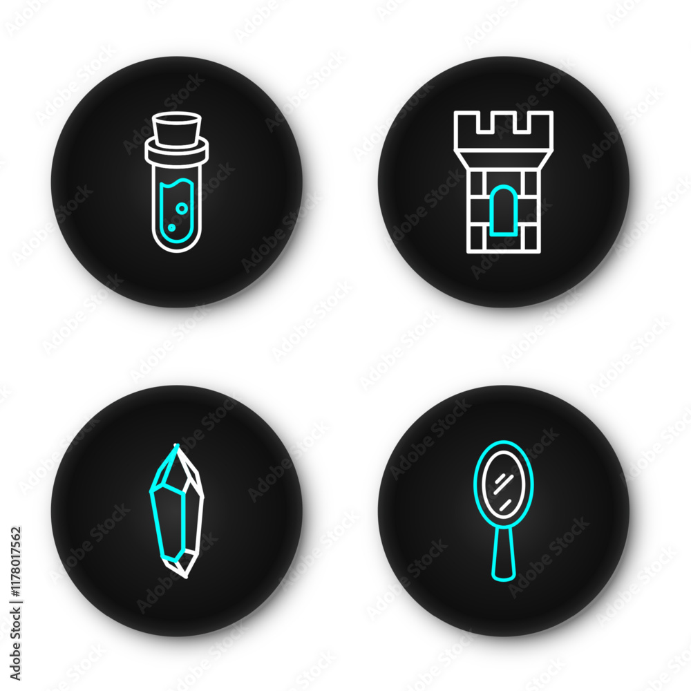 Set line Magic hand mirror, stone, Castle tower and Bottle with potion icon. Vector Set line Magic hand mirror, stone, Castle tower and Bottle with potion icon. Vector