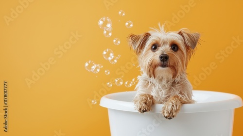 Dog spa relaxation concept. Cute dog in a bath with bubbles against a bright yellow background.