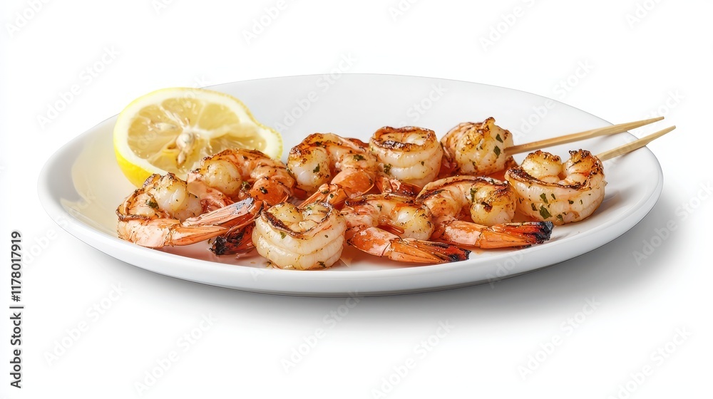 A plate of grilled shrimp skewers with lemon wedges on a white isolated background A plate of grilled shrimp skewers with lemon wedges on a white isolated background