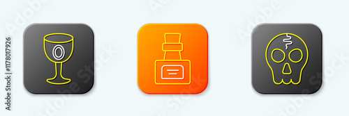 Set line Medieval goblet, Bottle with potion and Skull icon. Vector