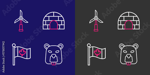 Set line Beaver animal, Flag of Canada, Igloo ice house and Wind turbine icon. Vector