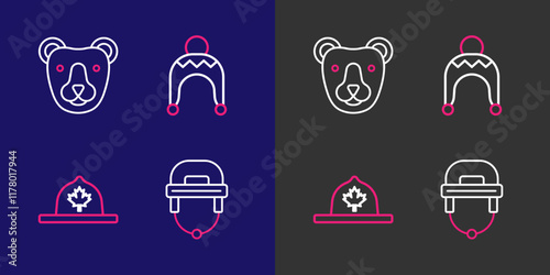 Set line Hockey helmet, Canadian ranger hat, Winter and Bear head icon. Vector