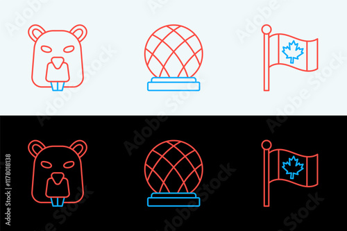 Set line Flag of Canada, Beaver animal and Montreal Biosphere icon. Vector