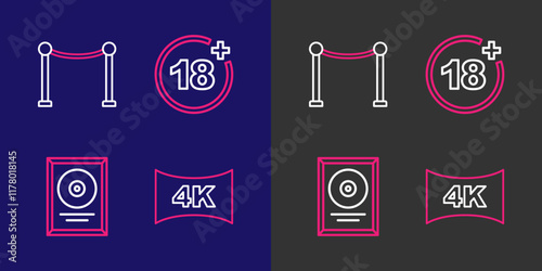Set line Screen tv with 4k, CD disk award in frame, Plus 18 movie and Rope barrier icon. Vector