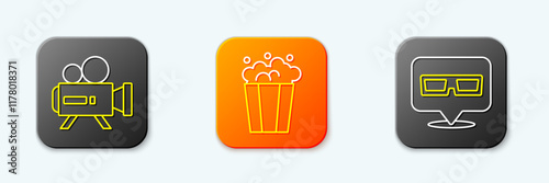 Set line Retro cinema camera, Popcorn cardboard box and 3D glasses icon. Vector