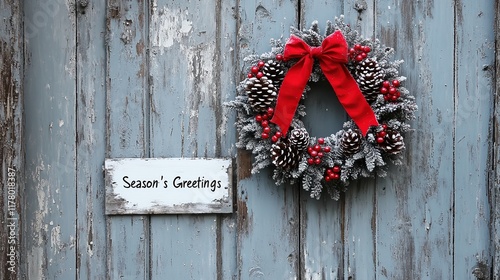 Frosted wreath on rustic wooden door featuring pinecones, berries, red ribbon, symbolizing winter festivities. Soft texture of wood enhances cozy holiday charm.