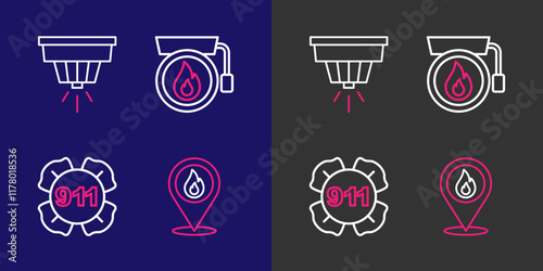 Set line Location with fire flame, Emergency call 911, Ringing alarm bell and Smoke system icon. Vector