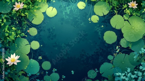 Swamp or lake top view with nenuphars or water lily pads. Natural background with deep marsh and lotus leaves, wild pond covered with duckweed and green waterlily plants, Cartoon vector illustration