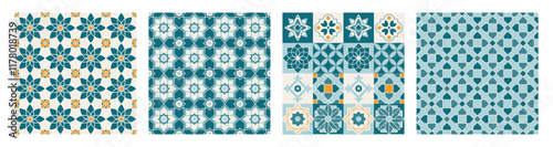 Collection of Arabic geometric mosaic printable seamless pattern with abstract Moroccan print in blue and orange colors. Ramadan Kareem Traditional Islamic art Illustration background