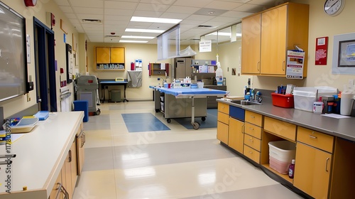 A modern school nurse’s office with clean, bright interiors, medical supplies neatly arranged, and a comfortable environment for student health care.


