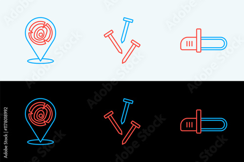 Set line Chainsaw, Wooden logs and Metallic nails icon. Vector