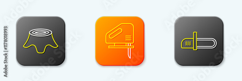 Set line Tree stump, Electric jigsaw and Chainsaw icon. Vector