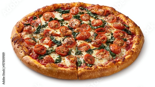 A classic margherita pizza with fresh basil, mozzarella, and tomato on a white isolated background