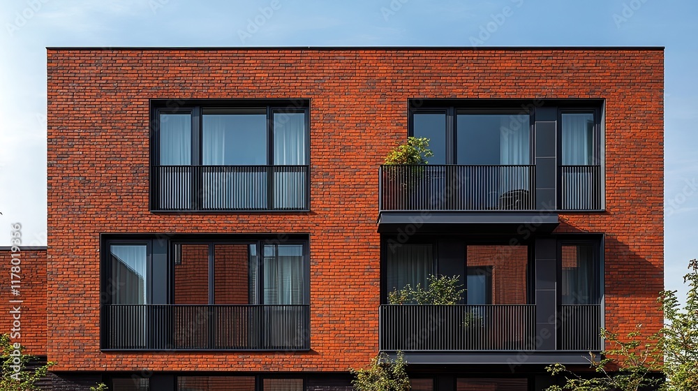 Fototapeta premium Stylish facade of a modern building made from uniform bricks in rich shades of red and brown, giving a clean, polished look to the contemporary architectural design.