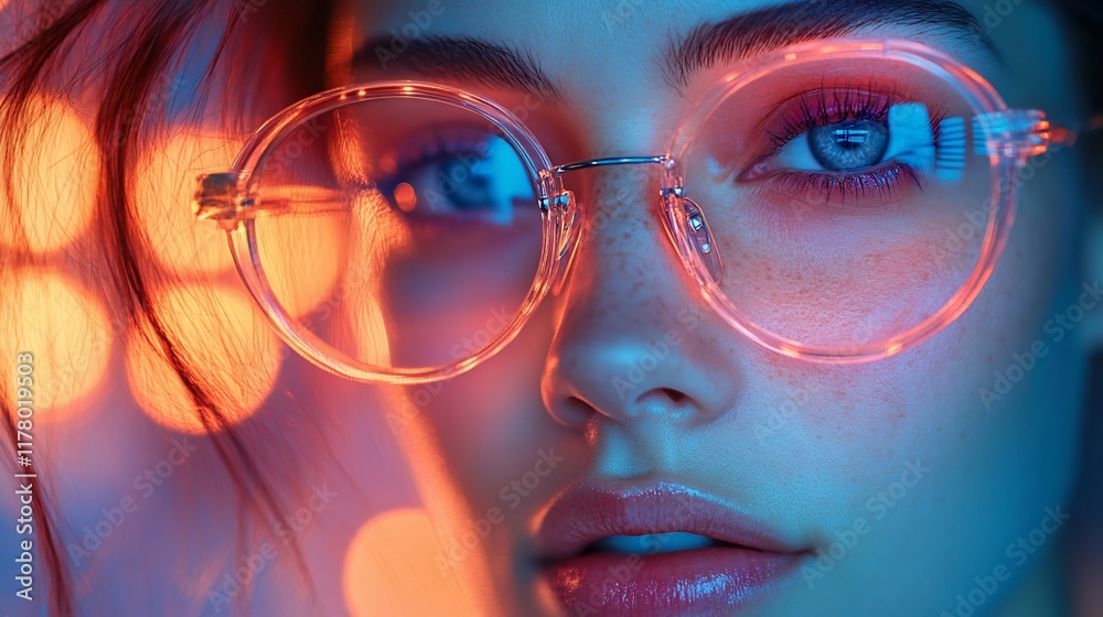 Neon Lights Portrait: A Close-Up of a Woman's Face with Round Glasses Neon Lights Portrait: A Close-Up of a Woman's Face with Round Glasses