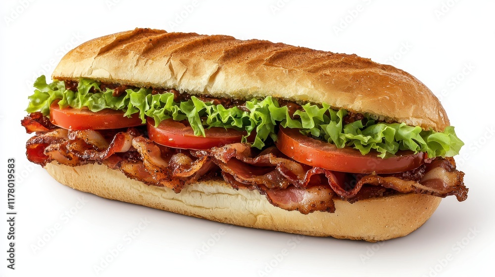 A crispy bacon, lettuce, and tomato sandwich on a white isolated background A crispy bacon, lettuce, and tomato sandwich on a white isolated background