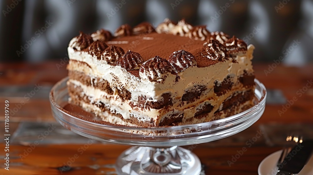 Layered tiramisu cake with cocoa and cream frosting, served on glass stand, close-up food photography, elegant table dessert, Italian cuisine concept
Layered tiramisu cake with cocoa and cream frosting, served on glass stand, close-up food photography, elegant table dessert, Italian cuisine concept