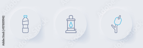 Set line Marshmallow on stick, Camping lantern and Bottle of water icon. Vector