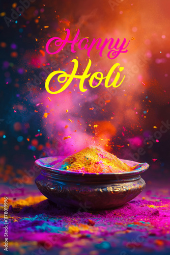Obraz na płótnie A vibrant postcard for the Indian festival of Holi, featuring colorful splashes, festive patterns, and joyful celebration, generative AI w salonie