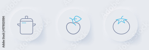 Set line Tomato, Peach fruit or nectarine and Cooking pot icon. Vector