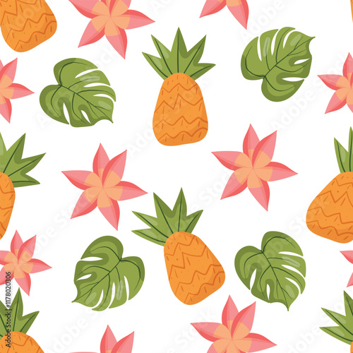 Seamless tropical pattern featuring pineapples, green leaves, and pink flowers on a light blue background. Perfect for summer designs, textiles, packaging, and decorative projects