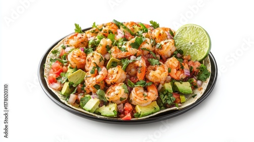 Wallpaper Mural A plate of fresh shrimp tacos with avocado, cilantro, and lime on a white isolated background Torontodigital.ca