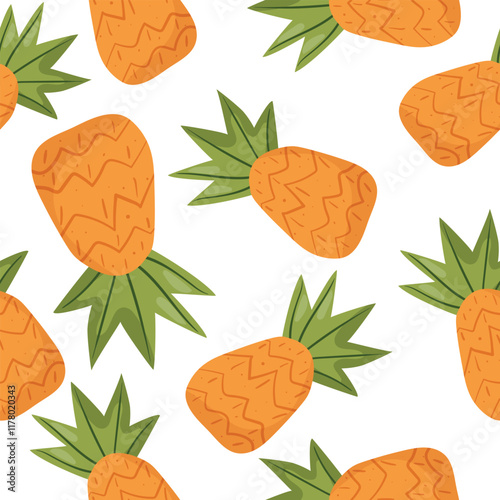Seamless tropical pattern featuring pineapples, green leaves, and pink flowers on a light blue background. Perfect for summer designs, textiles, packaging, and decorative projects