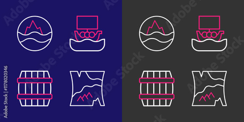 Set line Folded map, Wooden barrel, Viking ship Drakkar and Sea and waves icon. Vector