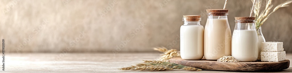 Fresh dairy alternatives featured on a light background with ample copy space above