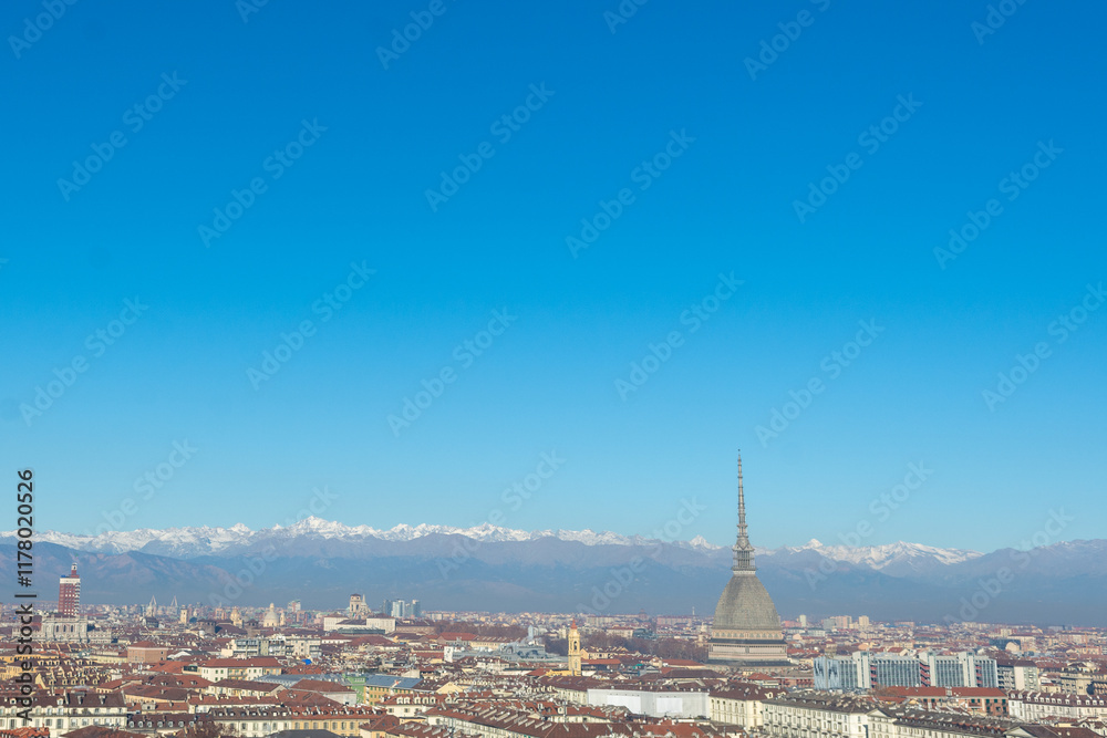 Fototapeta premium View of Turin centre with Mole Antonelliana and Piazza Castello-Italy