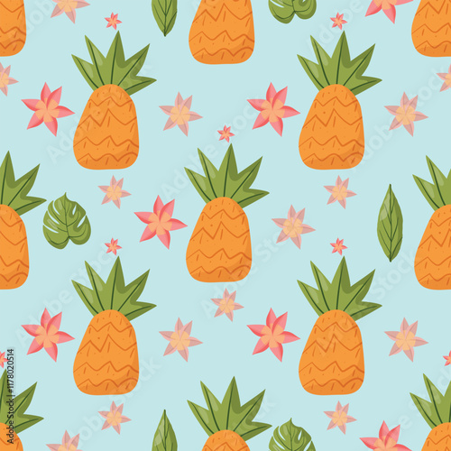 Seamless tropical pattern featuring pineapples, green leaves, and pink flowers on a light blue background. Ideal for summer designs, textiles, packaging, and decorative projects