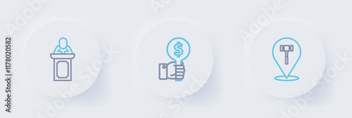 Set line Auction hammer, Hand holding auction paddle and auctioneer sells icon. Vector