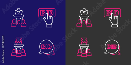 Set line Bid, Auction ancient vase, and jewelry sale icon. Vector