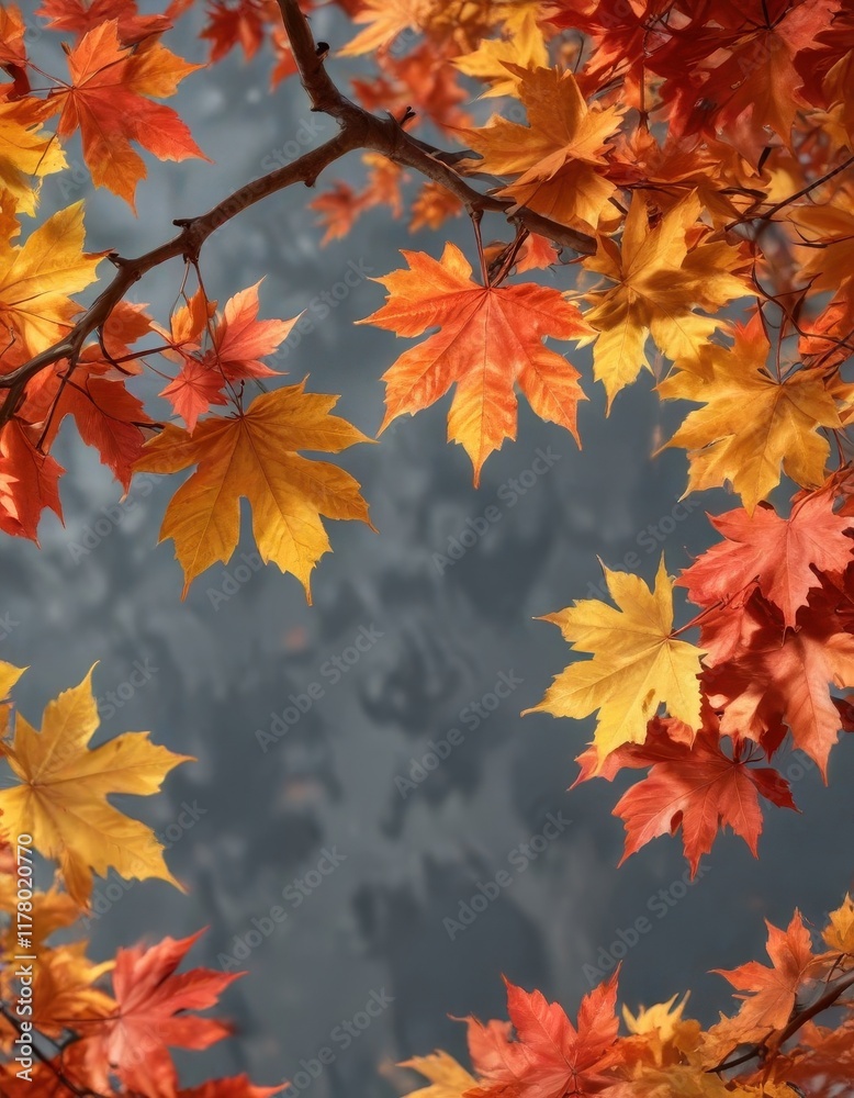 Vibrant red, orange, yellow maple leaves cluster on a branch , november, nature scene Vibrant red, orange, yellow maple leaves cluster on a branch , november, nature scene