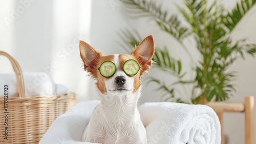 Dog spa relaxation concept. Relaxed dog with cucumber slices on eyes in a spa-like setting.